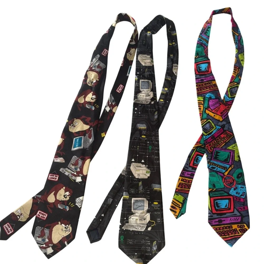 Vintage 90s Computer Novelty Tie Lot of 3 Taz Looney Tunes Steven Harris CDW IT